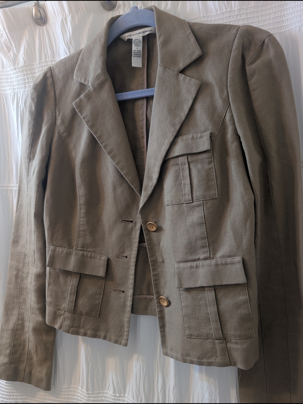 Diane von Furstenberg Linen Blend Safari Blazer Jacket Taupe